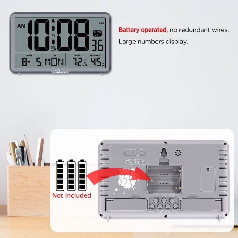 WallarGe Auto Set Digital Wall Clock Battery Operated  Desk Clocks with Temperature  Humidity and Date  Large Display Digital Calendar Alarm Clock for Elderly  Bedroom  Office  8 Time Zone  Auto DST. - Image 4